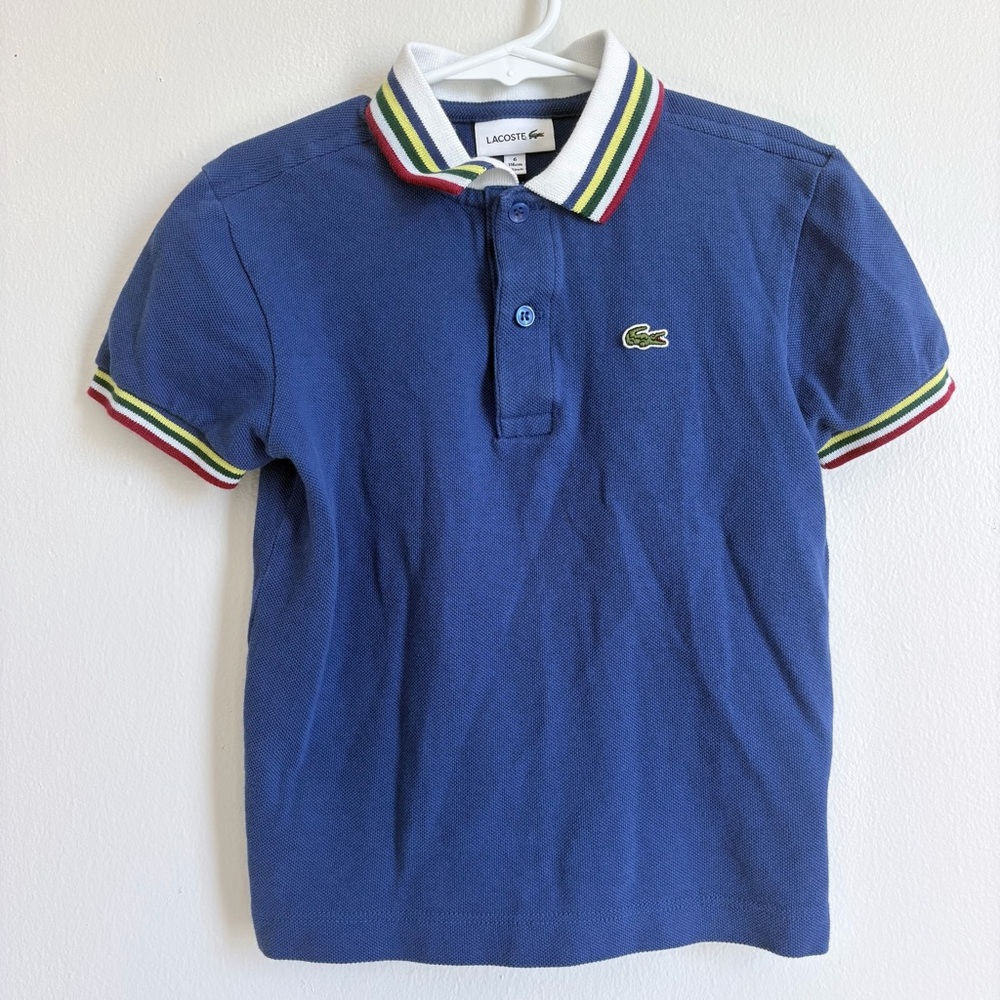 Lacoste Kids Blue Polo with Multicolor Striped Collar